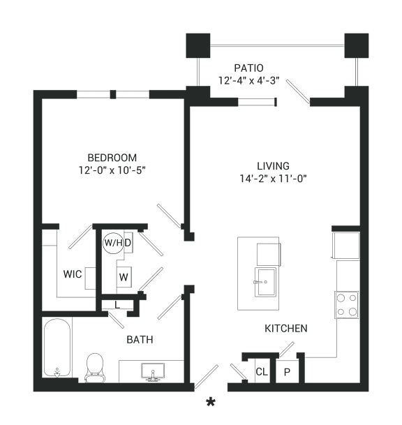 A floor plan of a house with a bedroom, bathroom, kitchen, living room, and patio.