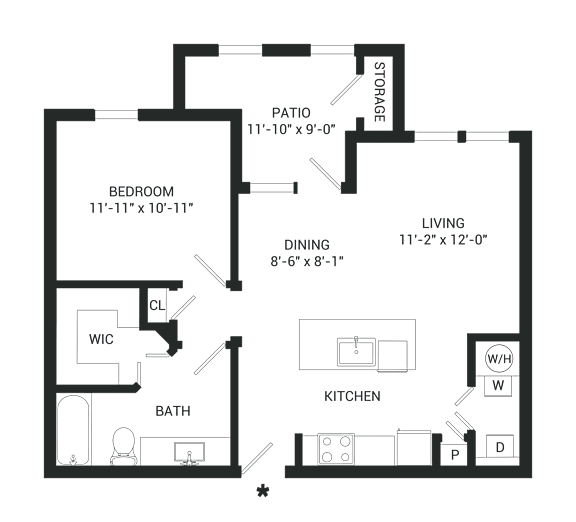A floor plan of a house with a bedroom, bathroom, kitchen, dining room, and living room.