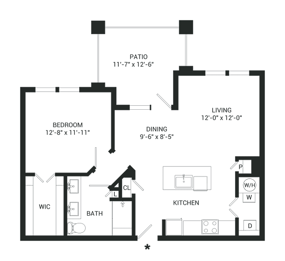 A floor plan of a house with a bedroom, bathroom, kitchen, dining area, and living room.