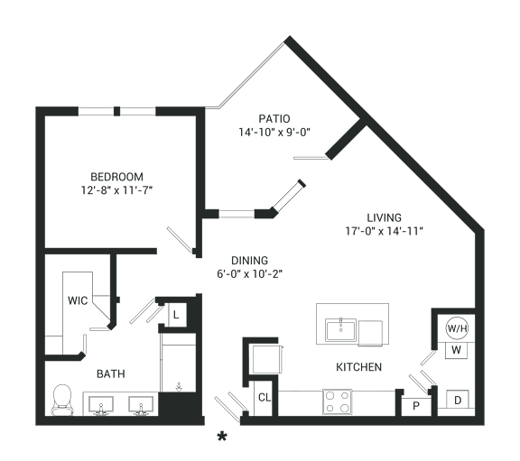 A floor plan of a house with a bedroom, bathroom, dining area, kitchen, and living room.