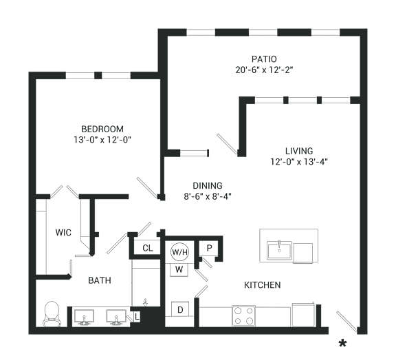 A floor plan of a house with a patio, bedroom, living room, dining room, kitchen, bathroom, and a WIC area.