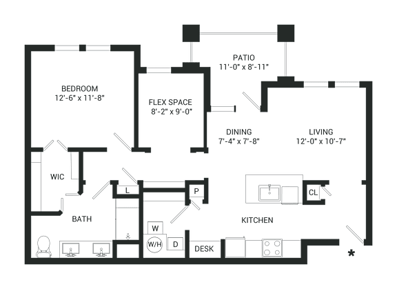 A floor plan of a house with a bedroom, bathroom, kitchen, dining area, living room, and patio.
