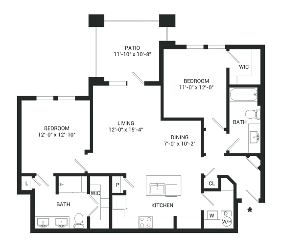A floor plan of a house with a living room, two bedrooms, a bathroom, a kitchen, and a patio.