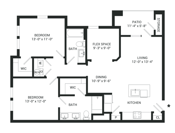 A floor plan of a house with two bedrooms, a living area, a dining area, a kitchen, a patio, and storage.