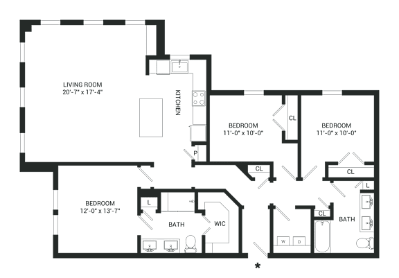 A floor plan of a house with a living room, three bedrooms, a bathroom, a kitchen, a laundry room, and a WC.