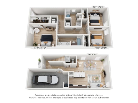 a stylized 3d floor plan of a 2100 sq ft house