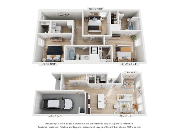 a stylized floor plan of a 3 bedroom apartment