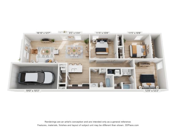 a floor plan of a 3 bedroom apartment