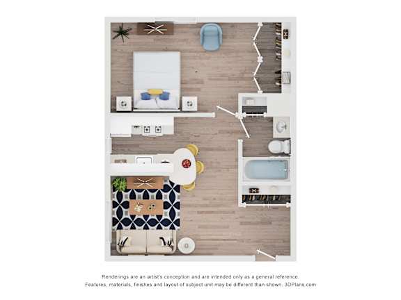 A top-down view of a room with a kitchen, dining area, and living room.