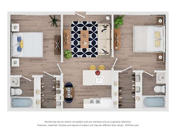 A top-down view of a modern bathroom with two sinks, a bathtub, and a shower.