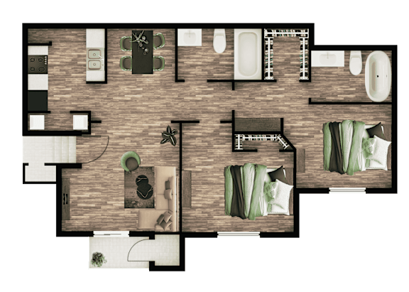 A floor plan of a house with a living room, dining room, kitchen, and bathrooms.