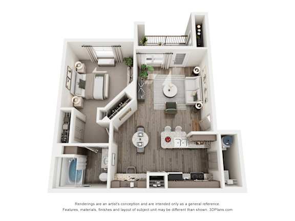 A 3D floor plan of a house with a kitchen, living room, and bathroom.