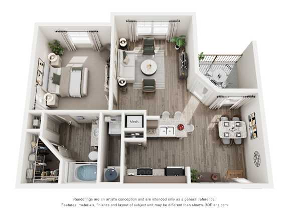 A 3D floor plan of a house with a kitchen, living room, and bathroom.