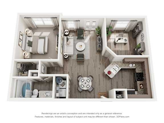 A 3D floor plan of a small apartment with a kitchen, living room, and two bedrooms.