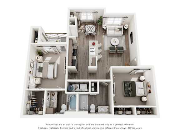 A 3D floor plan of a house with a kitchen, living room, dining room, and bathrooms.