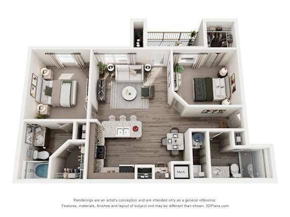 A 3D floor plan of a house with a kitchen, living room, and bathrooms.