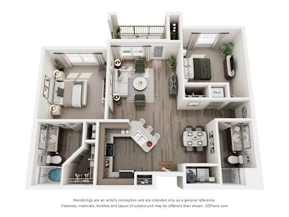 A 3D floor plan of a house with a kitchen, living room, and two bedrooms.