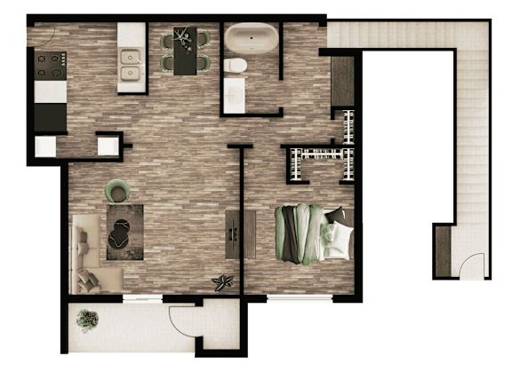 A floor plan of a house with a kitchen, living room, and bathroom.