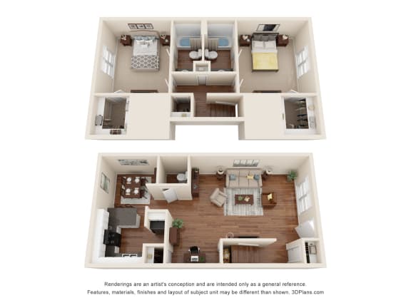 a spacious two bedroom apartment with a large living room and a kitchen with a stove and refrigerator