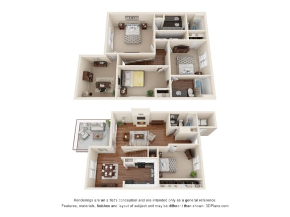 a stylized floor plan of a 3 bedroom apartment
