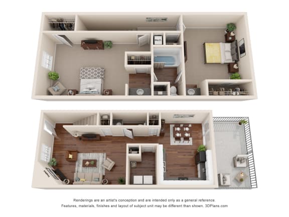 a stylized floor plan of a 1 bedroom apartment