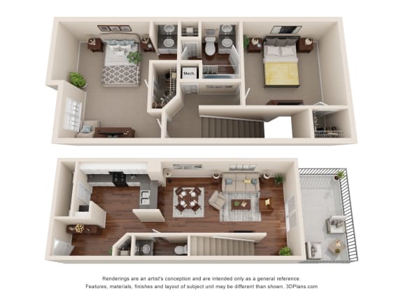 a spacious two bedroom apartment with a spacious bathroom and spacious living room with a fireplace and a