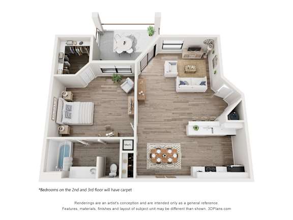 A 3D floor plan of a house with two bedrooms on the second and third floor.