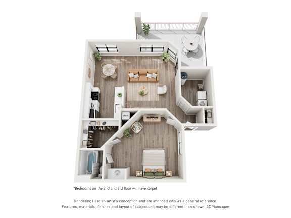 A 3D floor plan of a house with bedrooms on the 2nd and 3rd floor.
