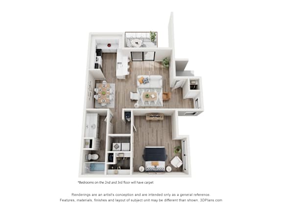 A 3D floor plan of a small apartment with two bedrooms and a living area.