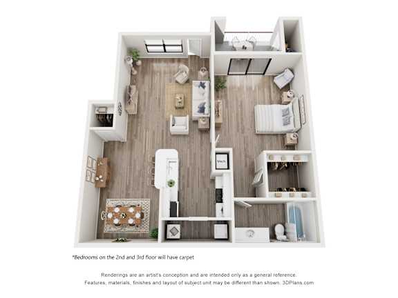 A 3D floor plan of a house with two bedrooms on the second and third floor.