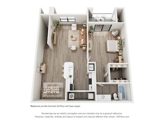 A 3D floor plan of a small apartment with two bedrooms, a living room, a kitchen, and a bathroom.