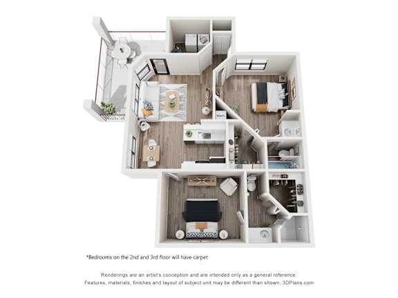 A 3D floor plan of a house with bedrooms on the second and third floor.