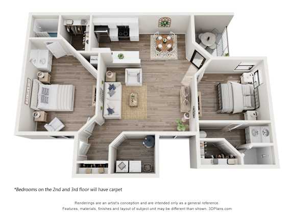 A 3D floor plan of a house with two bedrooms and a living area.