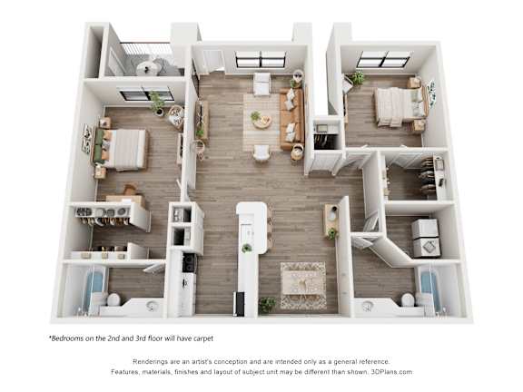 A 3D floor plan of a house with bedrooms on the second and third floor.