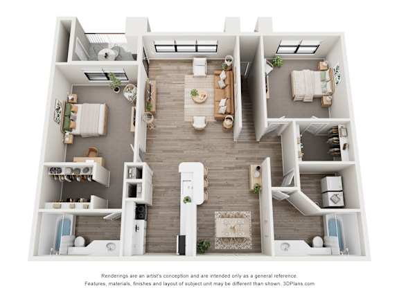 A 3D floor plan of a house with a kitchen, living room, and two bedrooms.