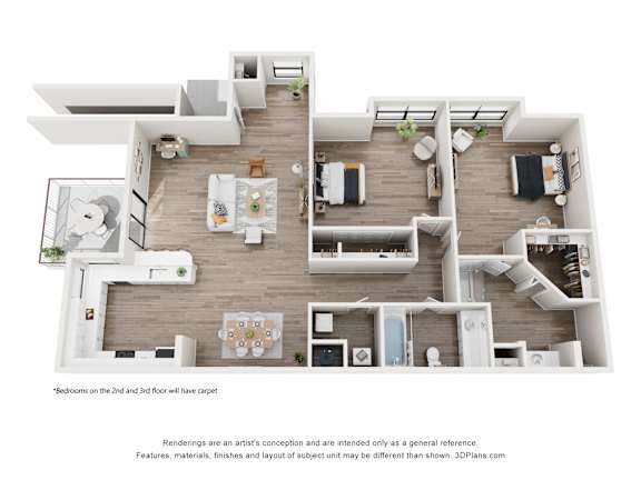 A 3D floor plan of a house with bedrooms on the second and third floor.