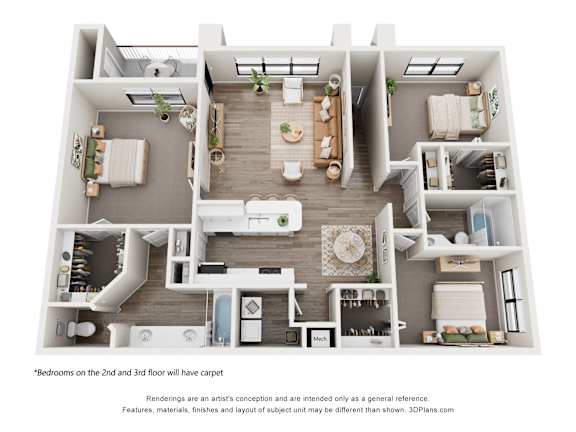 A 3D floor plan of a house with a living room, dining room, kitchen, and two bedrooms.