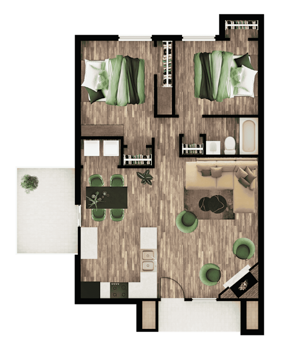 A floor plan of a house with a living room, dining room, kitchen, and bathroom.