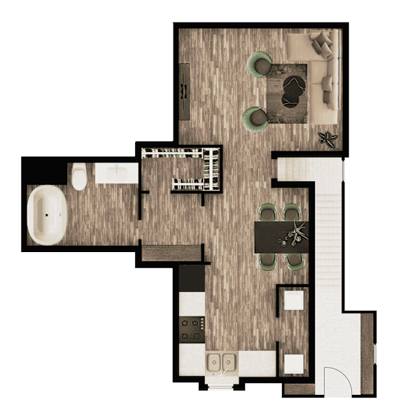A floor plan of a house with a kitchen, living room, and two bathrooms.