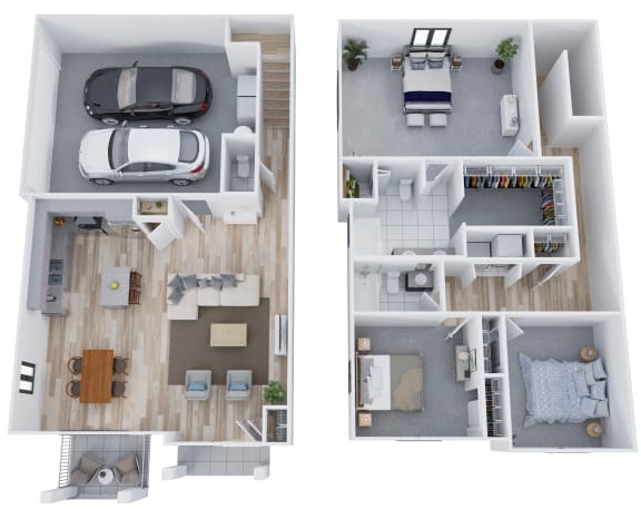 two floor plans of a house with a car and a bedroom
