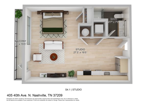 a stylized floor plan with a bedroom and a living room