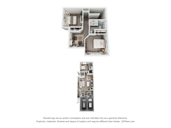 A 3D floor plan of a house with two bedrooms, a living room, a kitchen, and a bathroom.