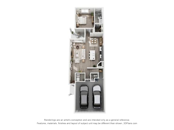 A 3D floor plan of a house with two cars parked in the garage.