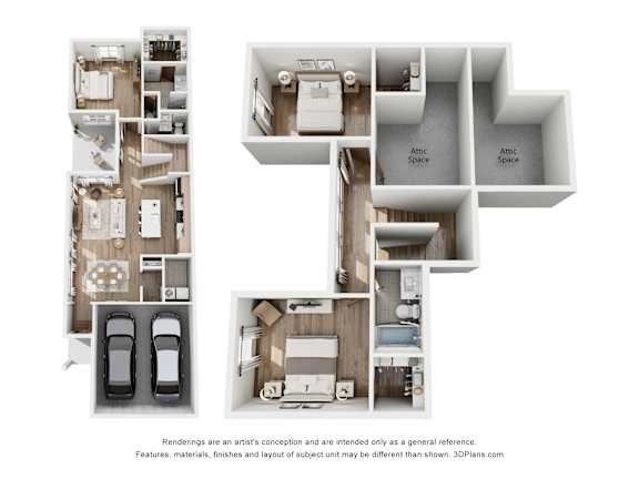 A diagram showing the layout of a house with two bedrooms, two bathrooms, a living room, a kitchen, a dining room, and two parking spaces.
