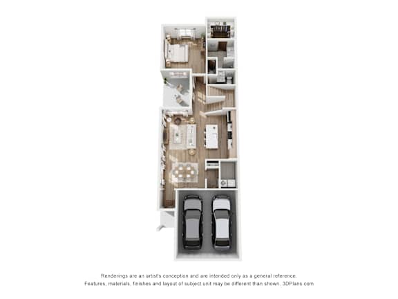 A 3D floor plan of a house with two cars parked in the garage.