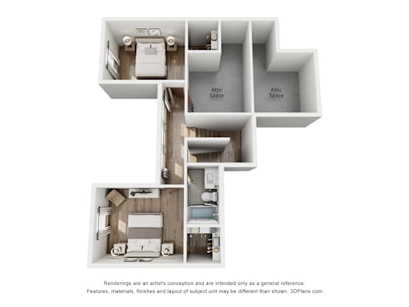 A 3D floor plan of an apartment with labeled rooms.