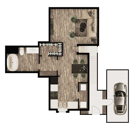 A floor plan of a house with a garage and a car.