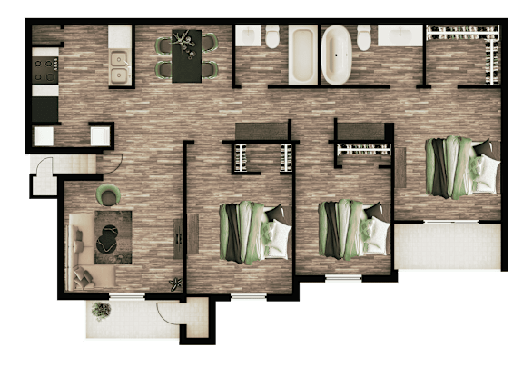A floor plan of a house with a kitchen, living room, and two bedrooms.