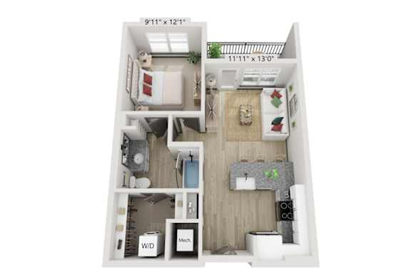 A floor plan of a small apartment with a kitchen, living room, and bathroom.