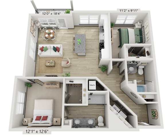 A 3D floor plan of a two-bedroom apartment with a living room, kitchen, and bathroom.